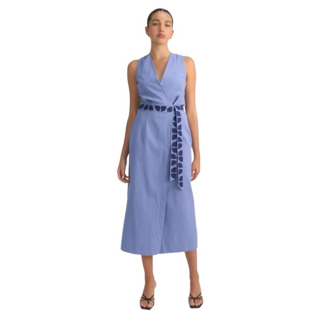 MON RENN LINEN BLEND ACACIA MIDI DRESS IN SEA BLUE SIZE MEDIUM